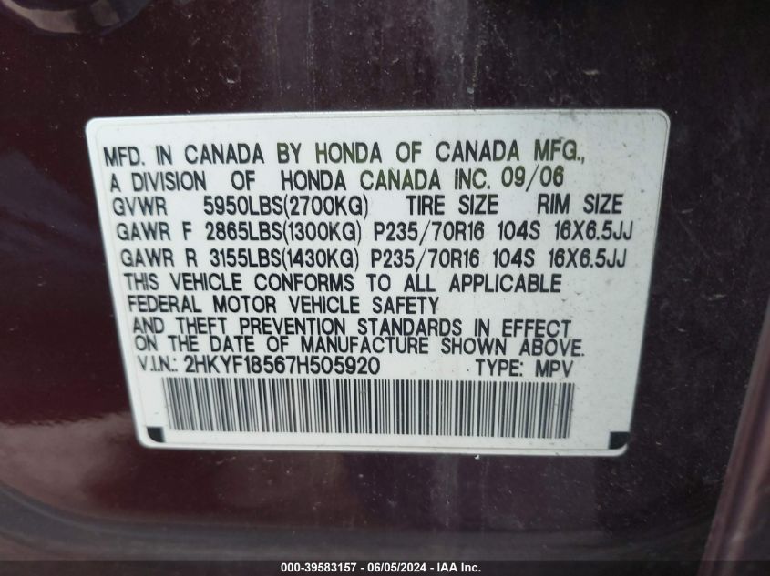 2007 Honda Pilot Ex-L VIN: 2HKYF18567H505920 Lot: 39583157