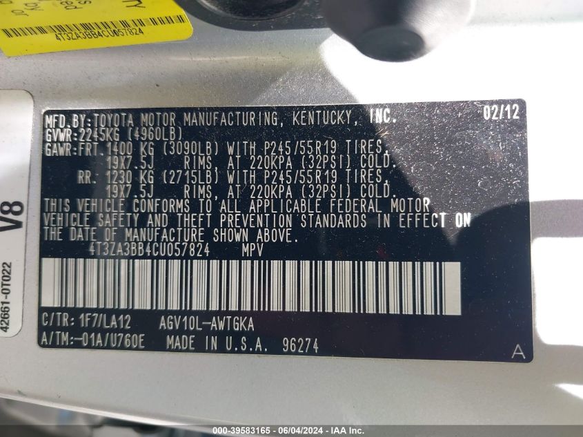 2012 Toyota Venza Xle VIN: 4T3ZA3BB4CU057824 Lot: 39583165