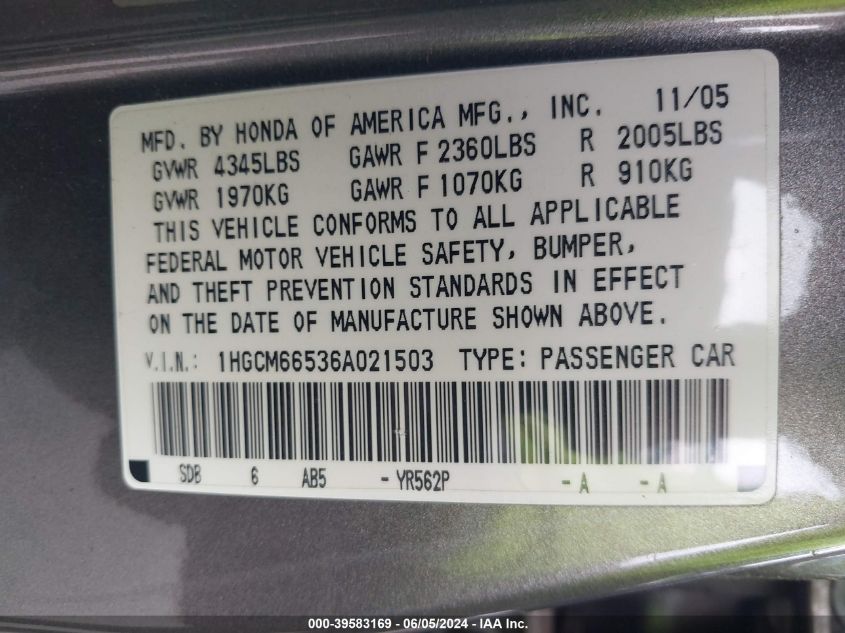 2006 Honda Accord 3.0 Ex VIN: 1HGCM66536A021503 Lot: 39583169