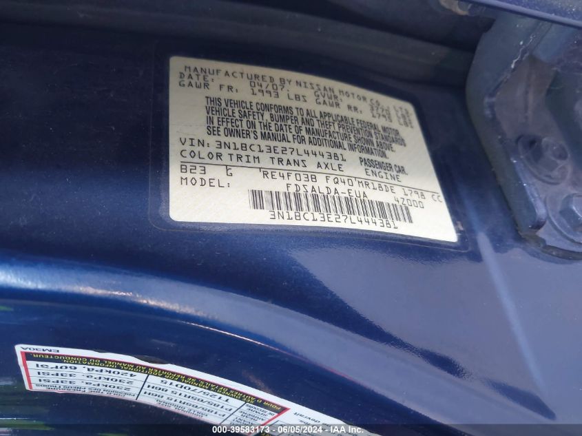 2007 Nissan Versa 1.8S VIN: 3N1BC13E27L444381 Lot: 39583173