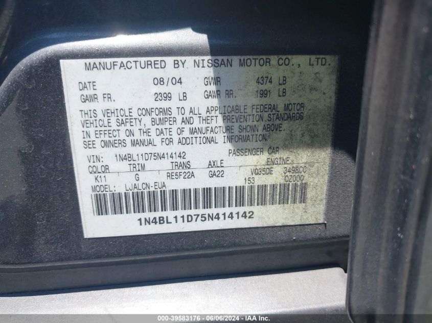 2005 Nissan Altima 3.5 Se VIN: 1N4BL11D75N414142 Lot: 39583176