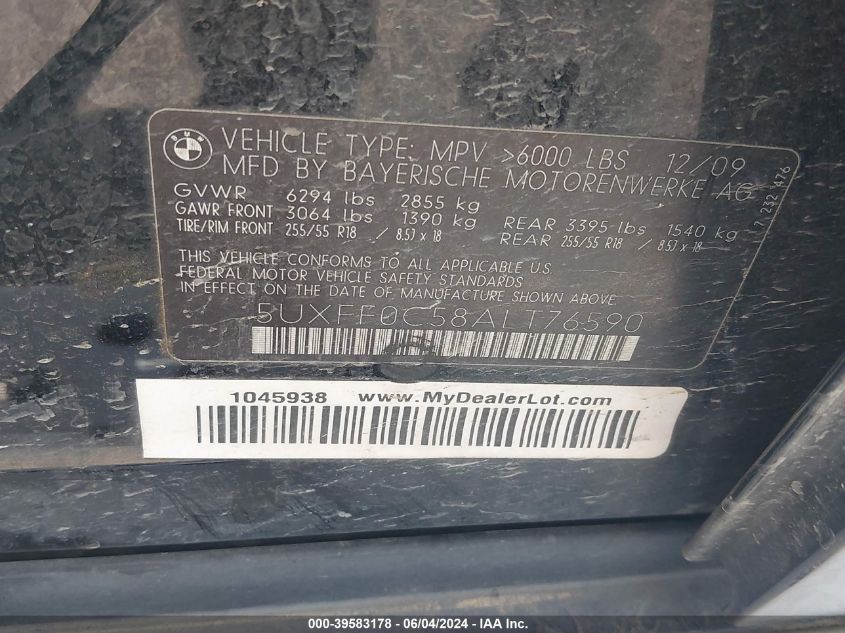 2010 BMW X5 xDrive35D VIN: 5UXFF0C58ALT76590 Lot: 39583178