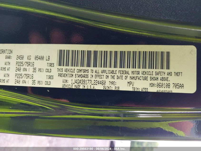 2007 Jeep Wrangler Unlimited X VIN: 1J4GA39177L224460 Lot: 39583180