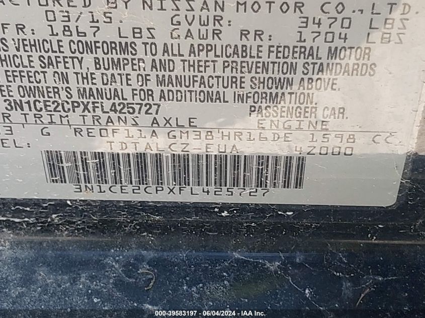 2015 Nissan Versa Note S Plus VIN: 3N1CE2CPXFL425727 Lot: 39583197