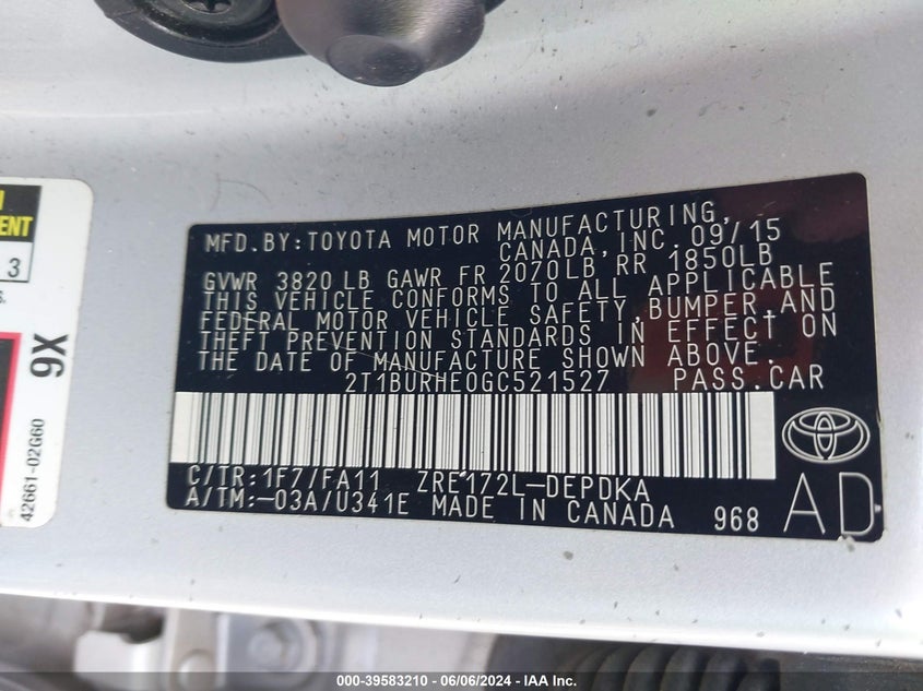 2016 Toyota Corolla L VIN: 2T1BURHE0GC521527 Lot: 39583210