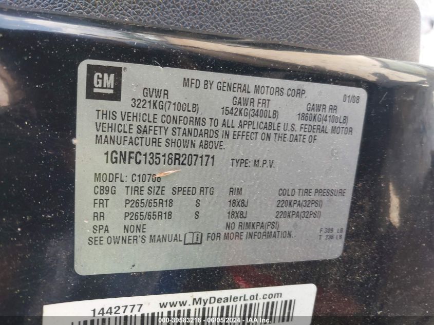 2008 Chevrolet Tahoe Hybrid VIN: 1GNFC13518R207171 Lot: 39583218