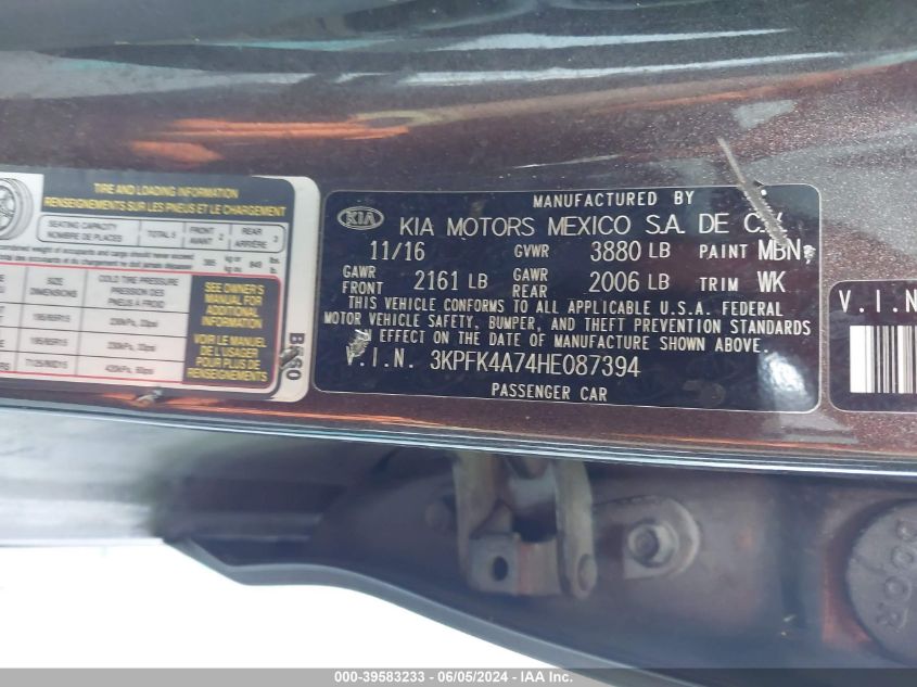 2017 Kia Forte Lx VIN: 3KPFK4A74HE087394 Lot: 39583233