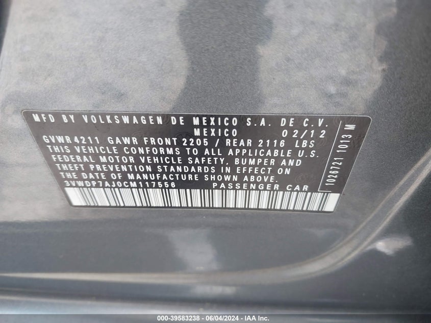 2012 Volkswagen Jetta 2.5L Se VIN: 3VWDP7AJ0CM117556 Lot: 39583238