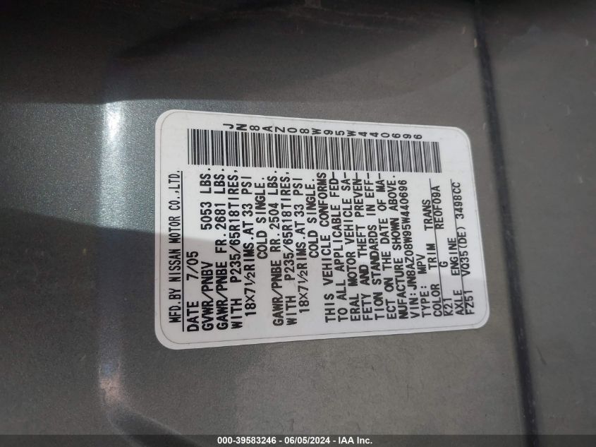 2005 Nissan Murano Se VIN: JN8AZ08W95W440696 Lot: 39583246