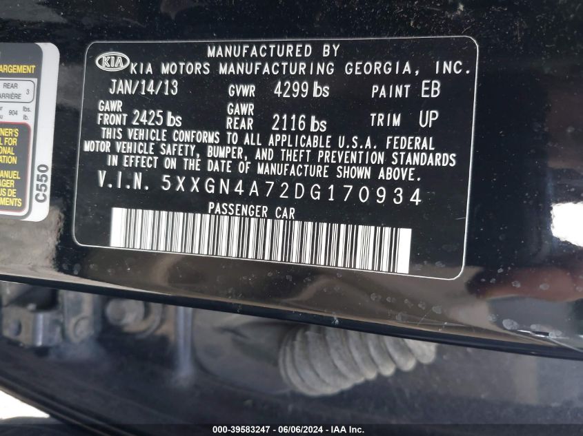 2013 Kia Optima Ex VIN: 5XXGN4A72DG170934 Lot: 39583247