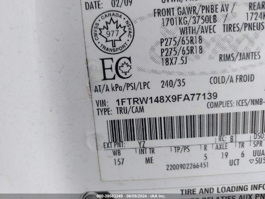 2009 Ford F-150 Xl/Xlt VIN: 1FTRW148X9FA77139 Lot: 43413764