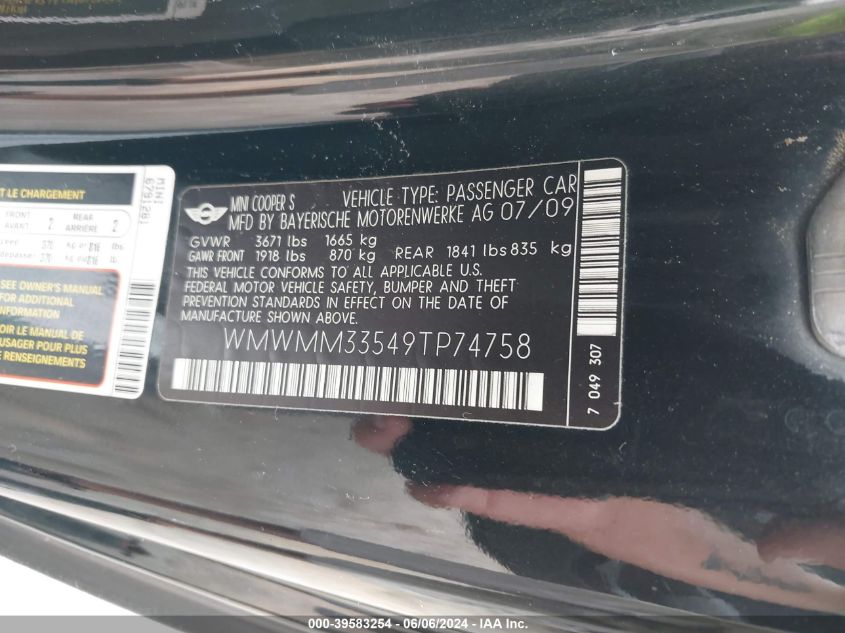 2009 Mini Cooper S Clubman VIN: WMWMM33549TP74758 Lot: 39583254