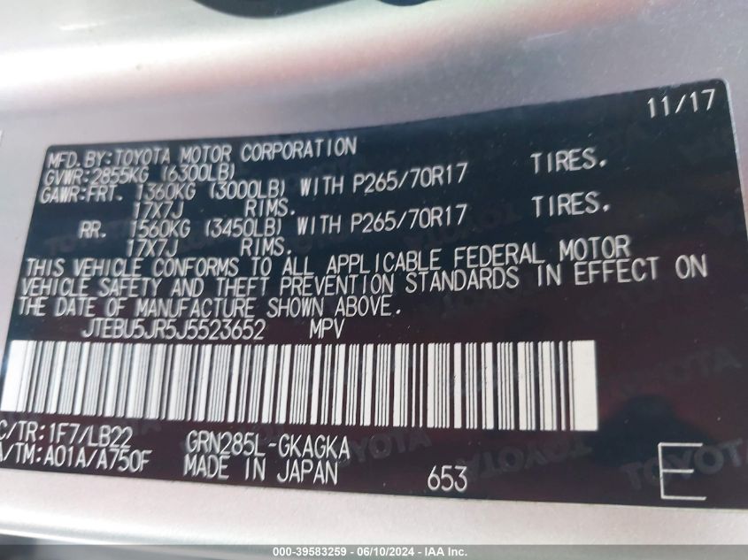 2018 Toyota 4Runner Sr5 Premium VIN: JTEBU5JR5J5523652 Lot: 39583259