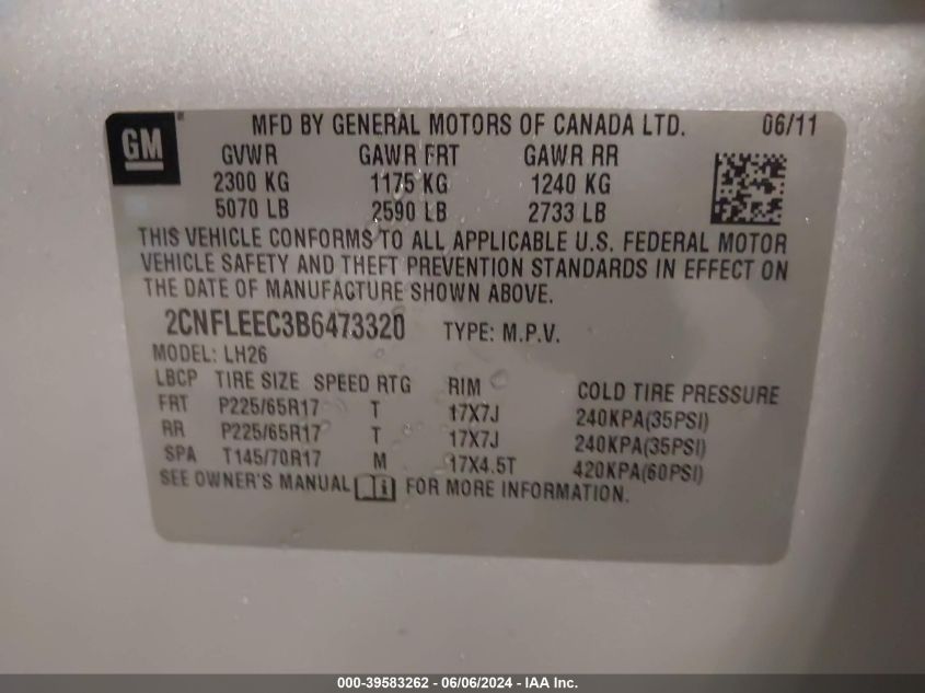 2011 Chevrolet Equinox 1Lt VIN: 2CNFLEEC3B6473320 Lot: 39583262