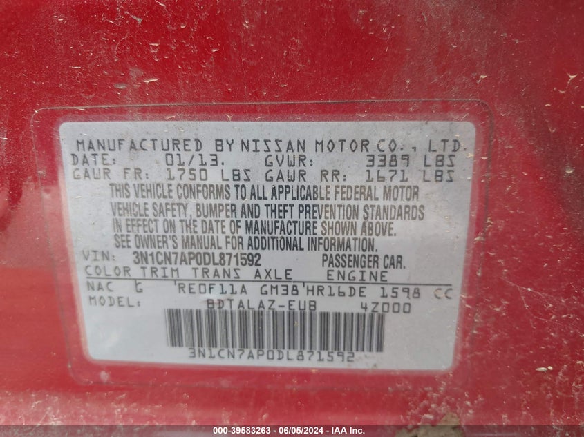 2013 Nissan Versa 1.6 S+ VIN: 3N1CN7AP0DL871592 Lot: 39583263