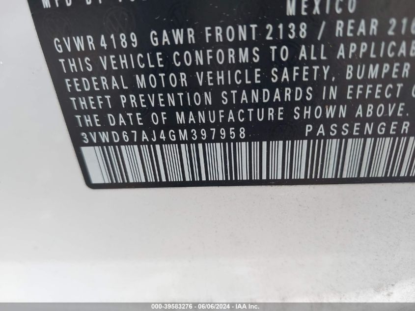 2016 Volkswagen Jetta 1.4T Se VIN: 3VWD67AJ4GM397958 Lot: 39583276