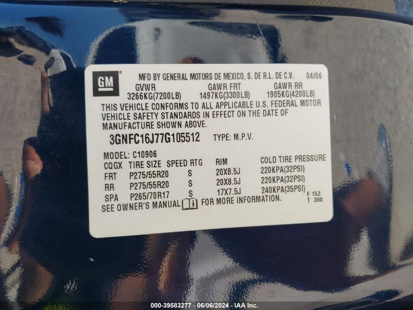 2007 Chevrolet Suburban 1500 Lt VIN: 3GNFC16J77G105512 Lot: 39583277