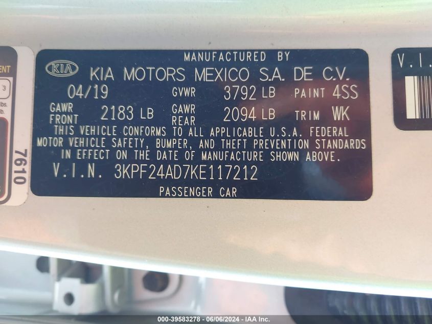 2019 Kia Forte Lxs VIN: 3KPF24AD7KE117212 Lot: 39583278