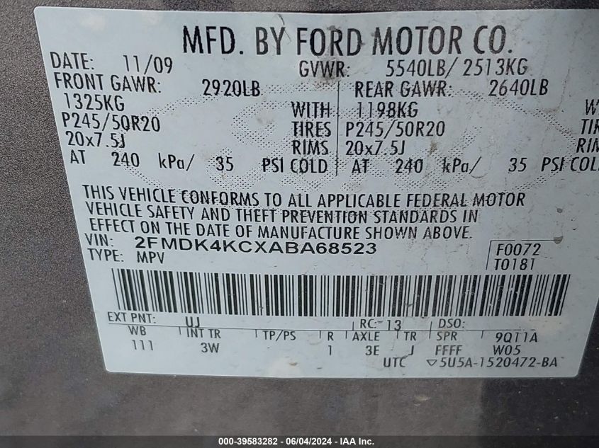 2010 Ford Edge Limited VIN: 2FMDK4KCXABA68523 Lot: 39583282