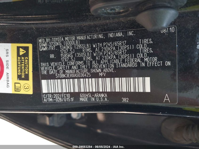 2010 Toyota Highlander Base V6 VIN: 5TDBK3EHXAS036425 Lot: 39583284