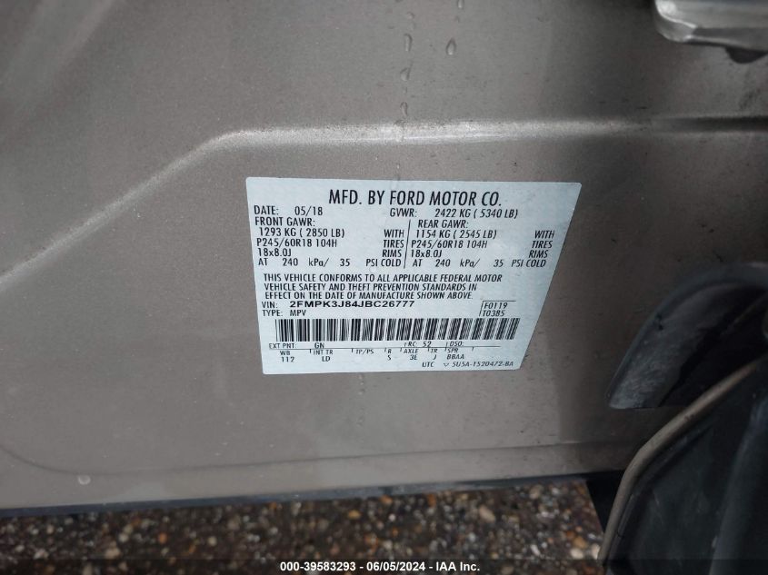 2018 Ford Edge Sel VIN: 2FMPK3J84JBC26777 Lot: 39583293