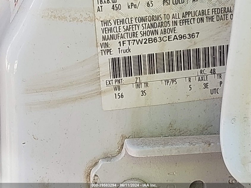 2012 Ford F-250 Xlt VIN: 1FT7W2B63CEA96367 Lot: 39583294