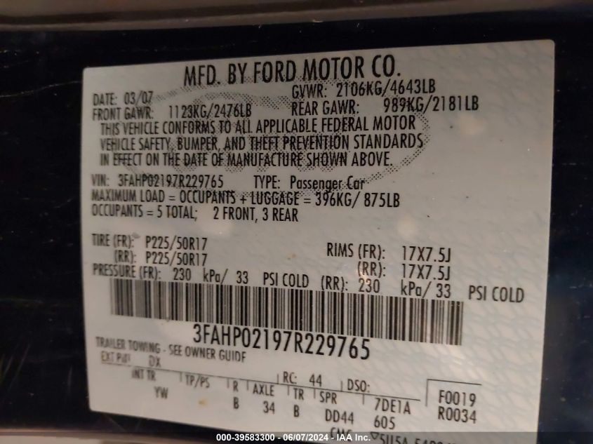 2007 Ford Fusion Sel VIN: 3FAHP02197R229765 Lot: 39583300