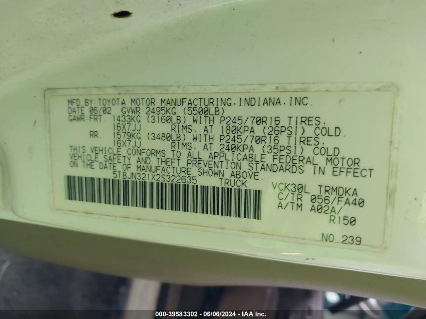 2002 Toyota Tundra VIN: 5TBJN321X2S322635 Lot: 39583302