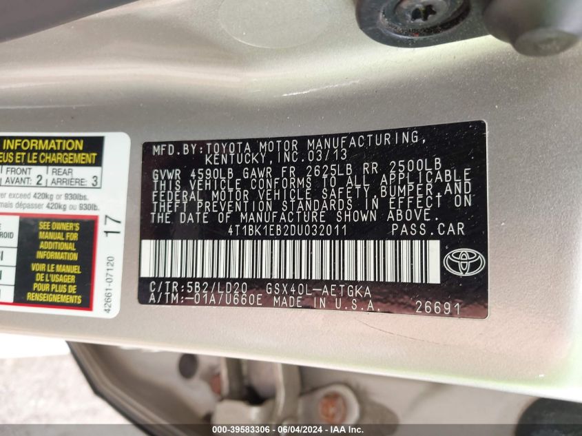 2013 TOYOTA AVALON XLE - 4T1BK1EB2DU032011