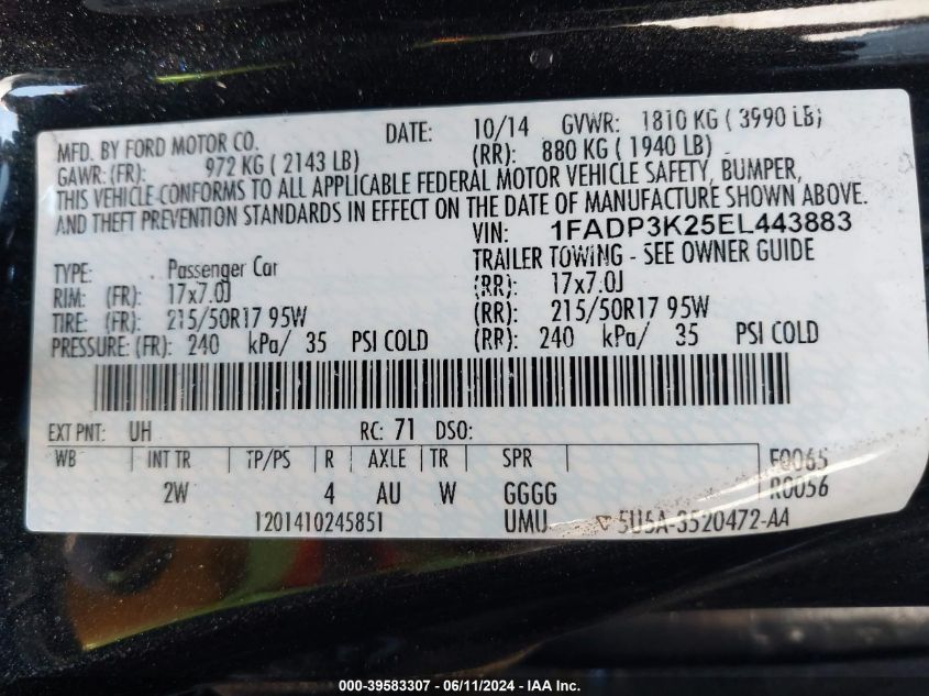 2014 FORD FOCUS SE - 1FADP3K25EL443883