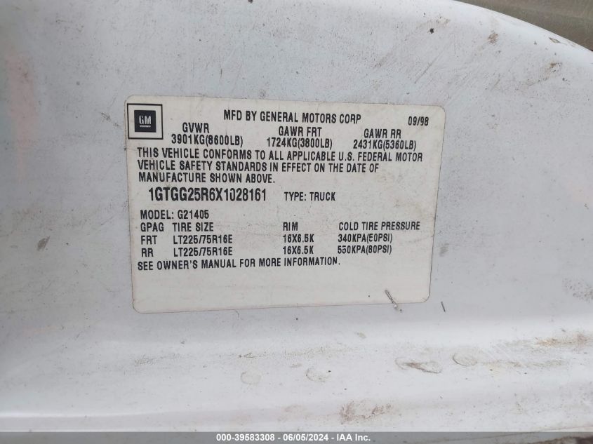 1999 GMC Savana Standard VIN: 1GTGG25R6X1028161 Lot: 39583308