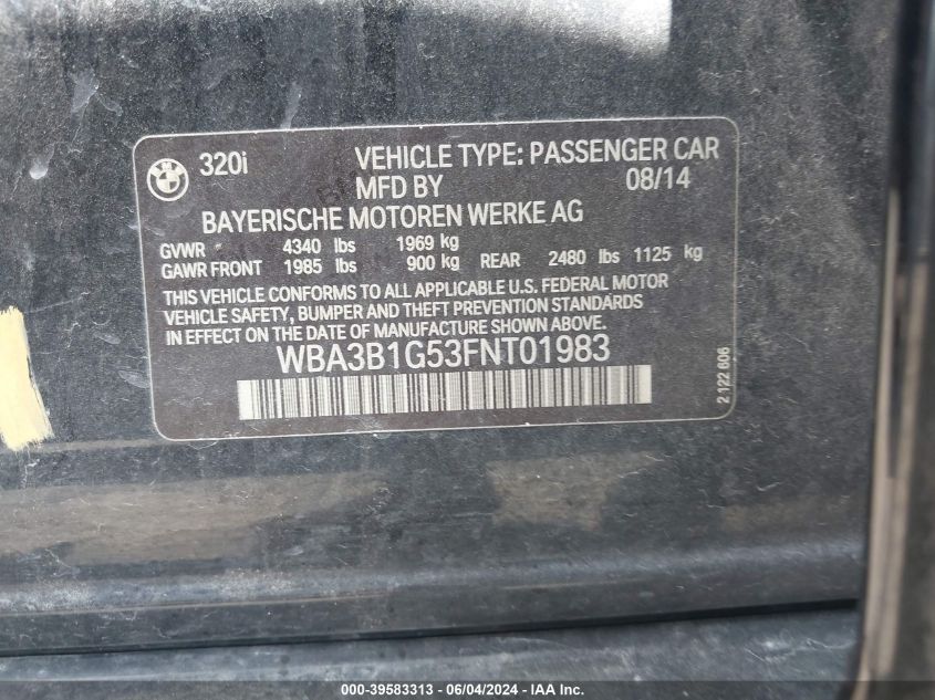 2015 BMW 320I VIN: WBA3B1G53FNT01983 Lot: 39583313