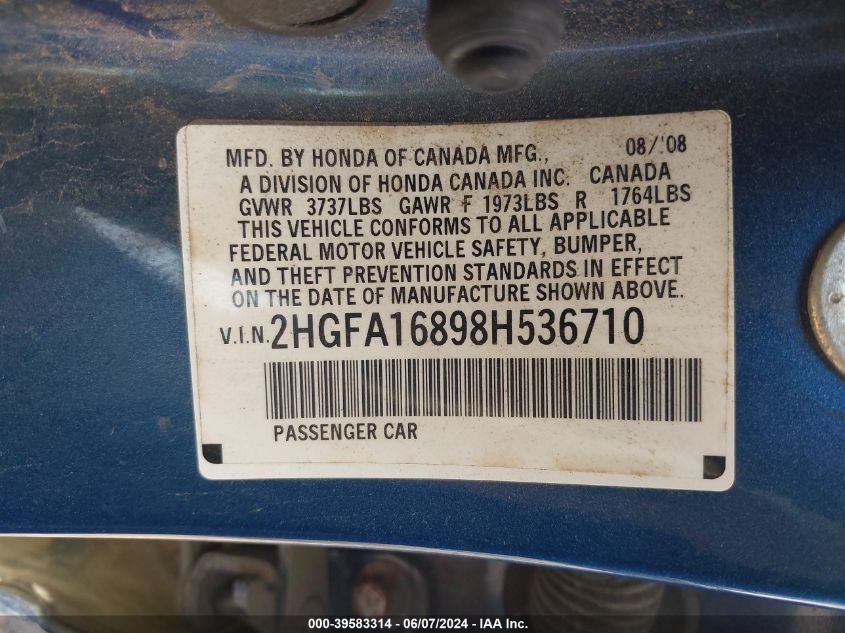 2008 Honda Civic Ex VIN: 2HGFA16898H536710 Lot: 39583314