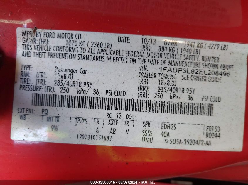 2014 Ford Focus St VIN: 1FADP3L92EL208496 Lot: 39583316