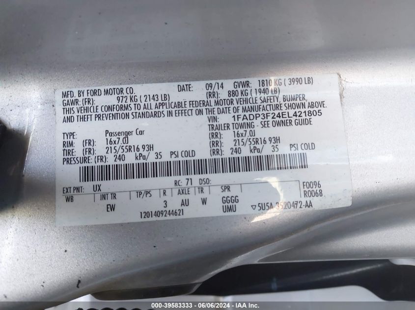 2014 Ford Focus Se VIN: 1FADP3F24EL421805 Lot: 39583333