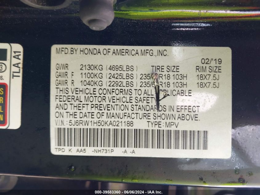 2019 Honda Cr-V Ex VIN: 5J6RW1H50KA021188 Lot: 39583360