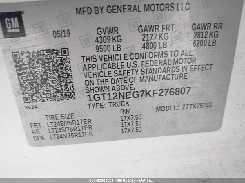 2019 GMC Sierra 2500Hd VIN: 1GT12NEG7KF276807 Lot: 39583361
