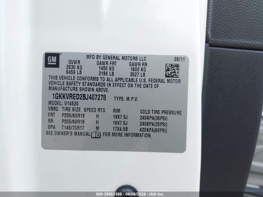 2011 GMC Acadia Slt-1 VIN: 1GKKVRED2BJ407278 Lot: 39583366