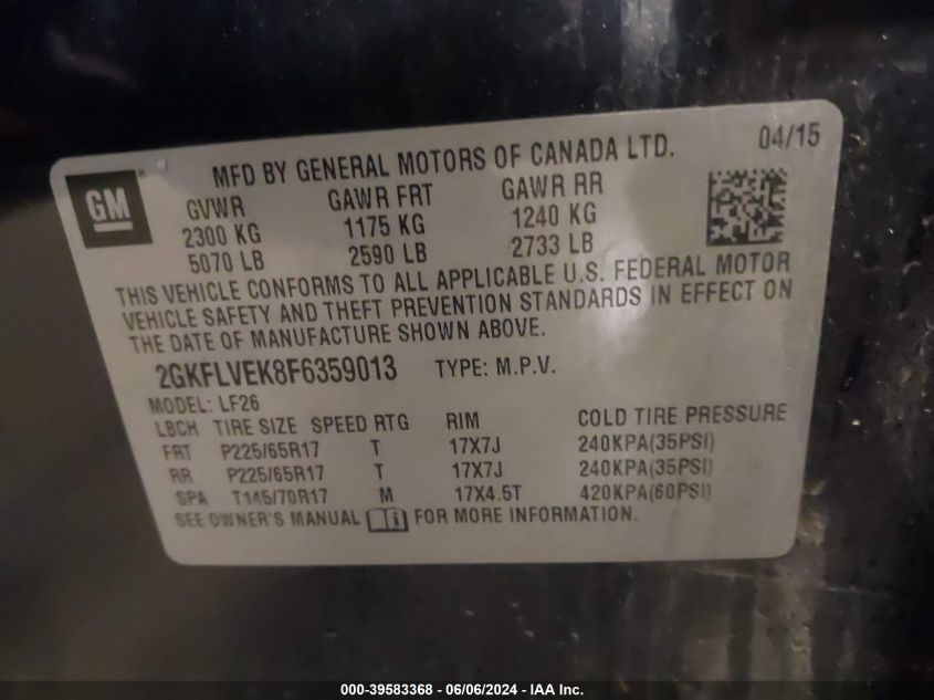 2015 GMC Terrain Sle-1 VIN: 2GKFLVEK8F6359013 Lot: 39583368