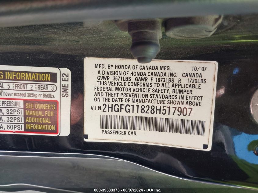 2008 Honda Civic Ex VIN: 2HGFG11828H517907 Lot: 39583373