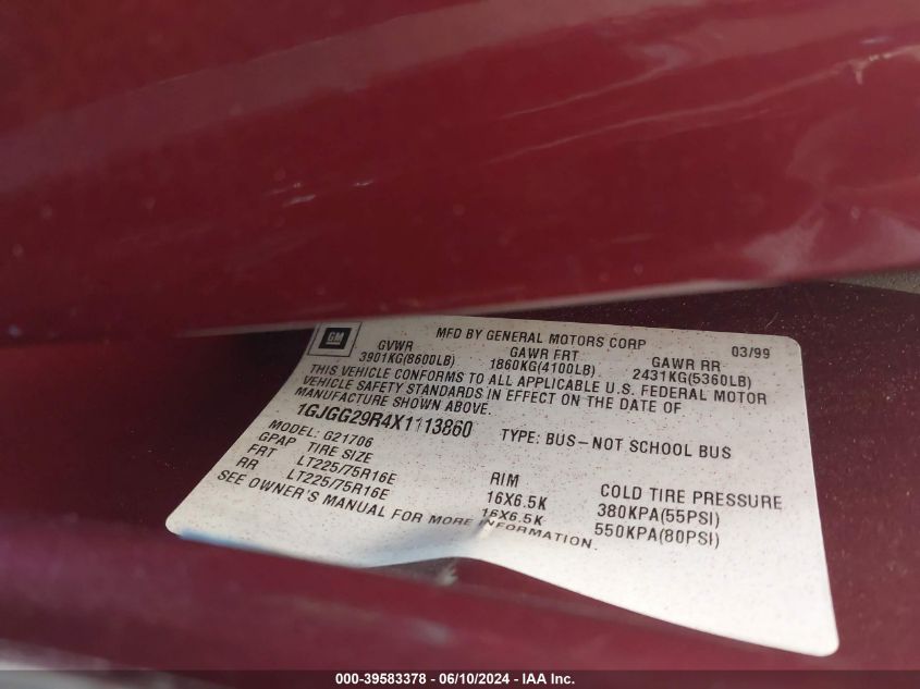 1999 GMC Savana Standard VIN: 1GJGG29R4X1113860 Lot: 39583378