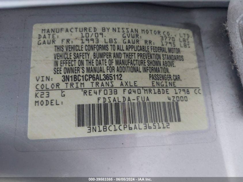 2010 Nissan Versa 1.8S VIN: 3N1BC1CP6AL365112 Lot: 39583385