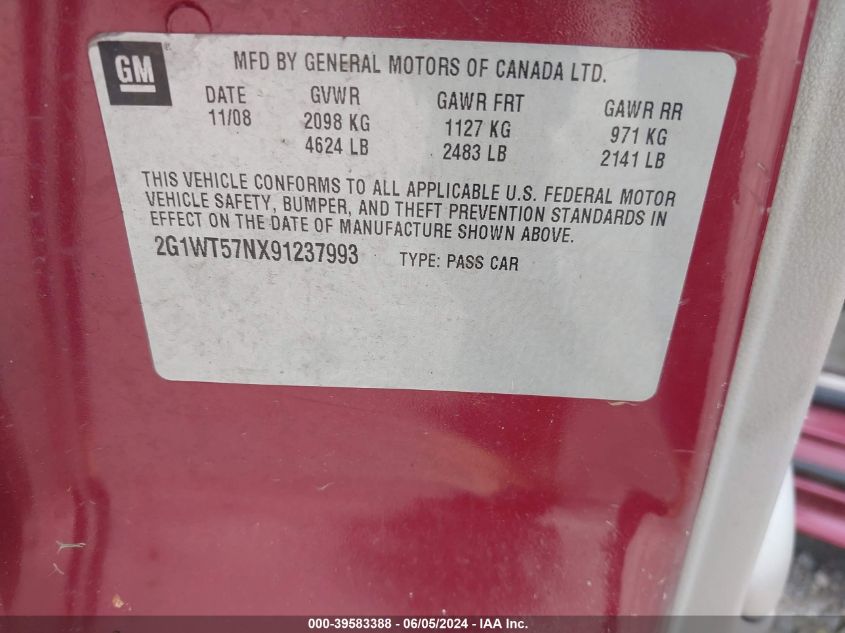 2009 Chevrolet Impala Lt VIN: 2G1WT57NX91237993 Lot: 39583388