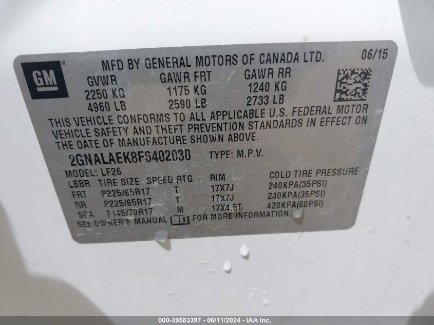 2GNALAEK8F6402030 2015 Chevrolet Equinox Ls