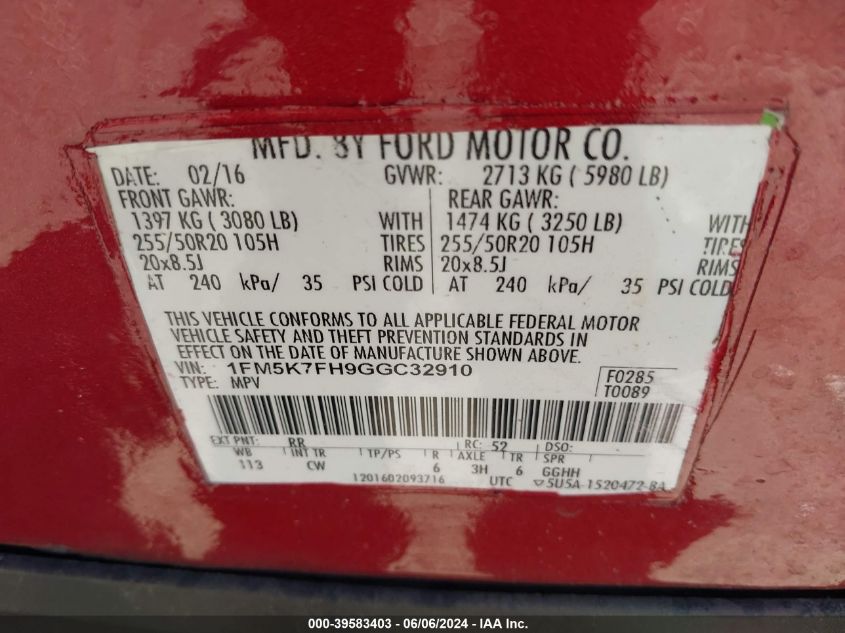 2016 Ford Explorer Limited VIN: 1FM5K7FH9GGC32910 Lot: 39583403