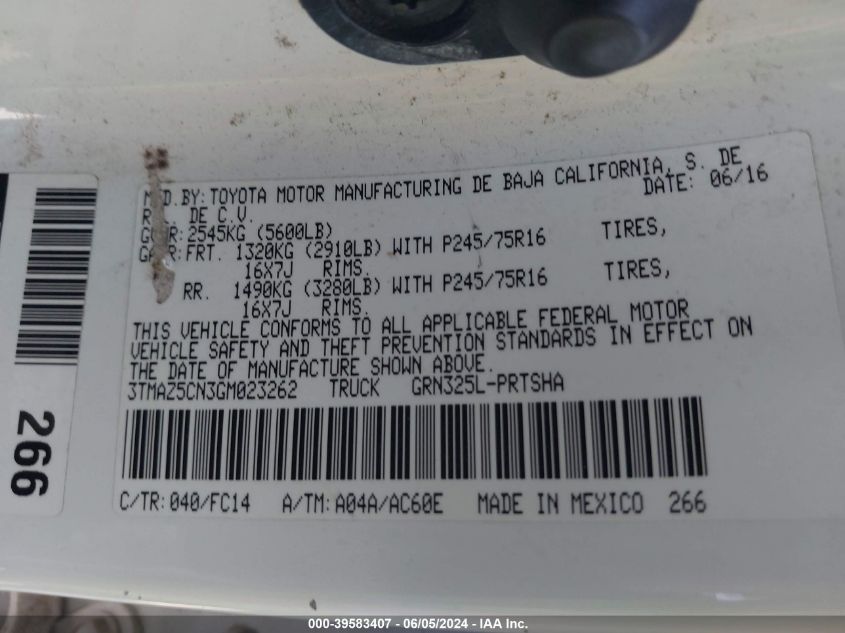 2016 Toyota Tacoma Sr5 V6 VIN: 3TMAZ5CN3GM023262 Lot: 39583407