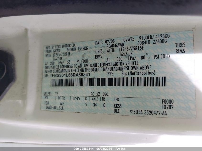 2008 Ford E-350 Super Duty Xl/Xlt VIN: 1FBSS31L68DA86341 Lot: 39583414