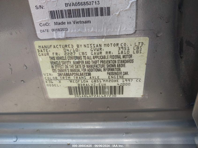 2010 Nissan Sentra 2.0Sl VIN: 3N1AB6AP2AL687230 Lot: 39583425