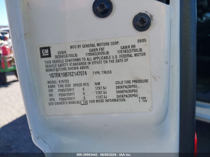 2006 GMC Sierra 1500 Sle1 VIN: 1GTEK19B76Z147074 Lot: 39583442