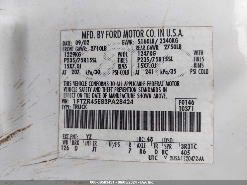 2003 Ford Ranger Edge/Xlt VIN: 1FTZR45E83PA28424 Lot: 39583491